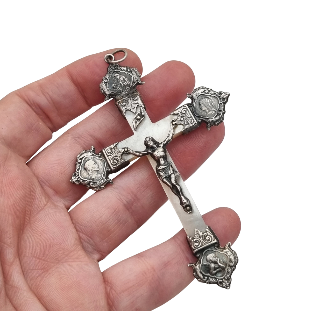 Antique silver and mother-of-pearl crucifix with religious medallions, Belle Époque, circa 1900