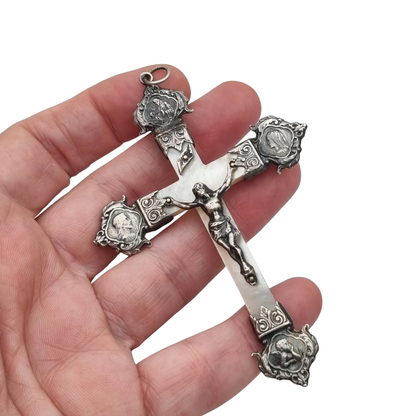Antique silver and mother-of-pearl crucifix with religious medallions, Belle Époque, circa 1900