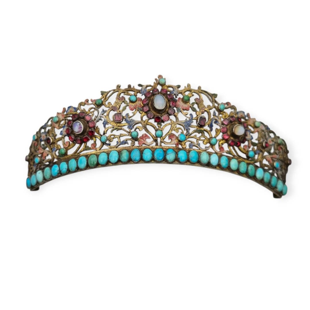 Austro-Hungarian Victorian tiara in gilded silver with turquoise, garnets, and moonstone, late Romantic, c. 1880–1900