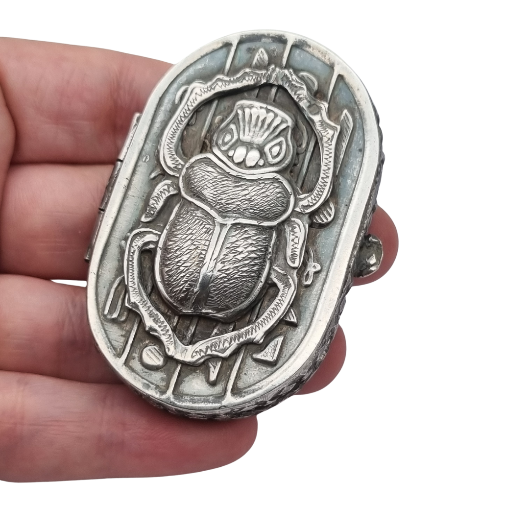 Egyptian silver box with scarab, Egyptian Revival decoration, and hieroglyphic motifs, 20th century, ca. 1945–1970