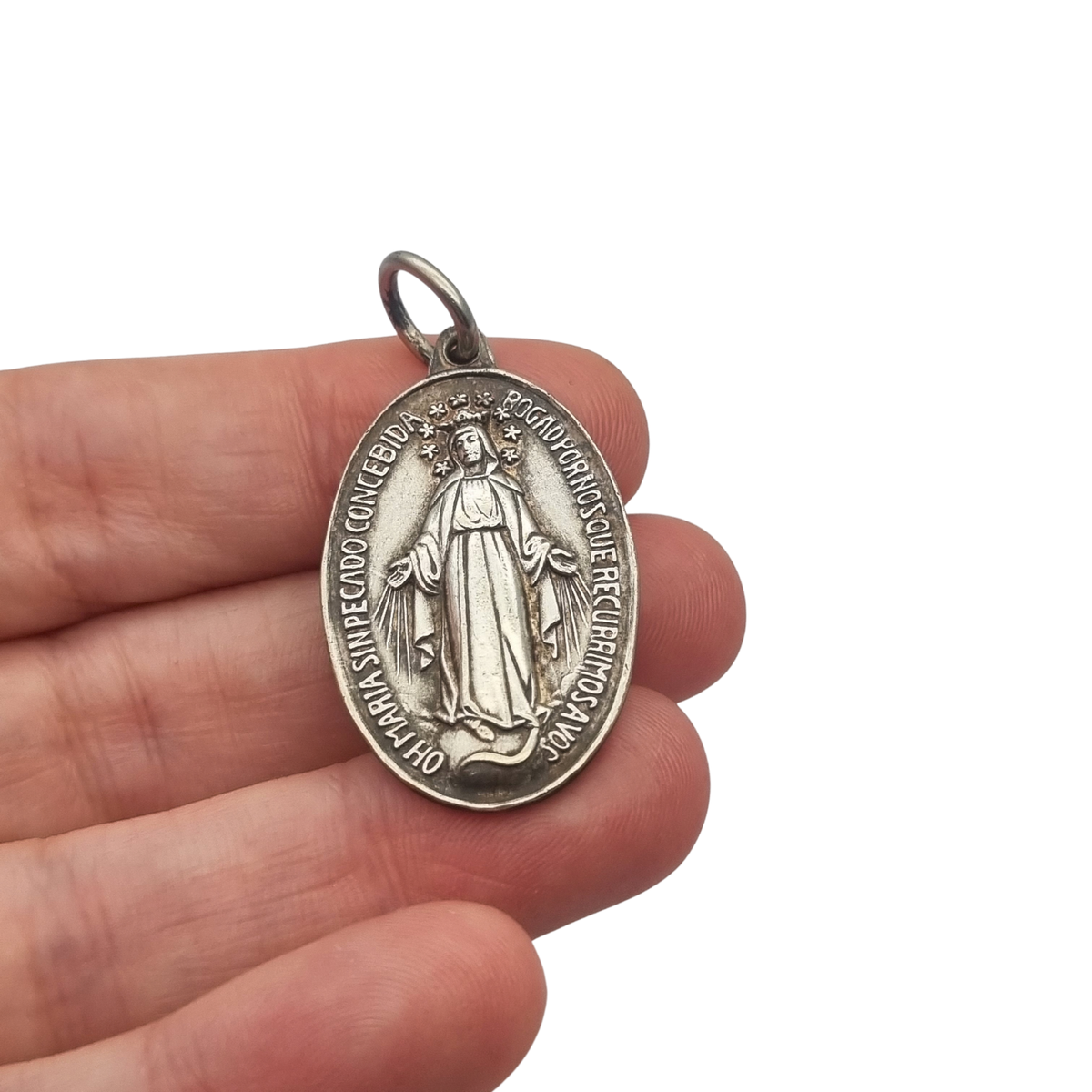 Medalla Milagrosa vintage de metal plateado, Virgen de la Medalla Milagrosa, circa 1950-1970