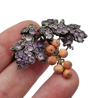 Antique gilded silver grape cluster brooch with amethysts, Victorian Naturalist c. 1885-1905