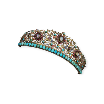 Austro-Hungarian Victorian tiara in gilded silver with turquoise, garnets, and moonstone, late Romantic, c. 1880–1900