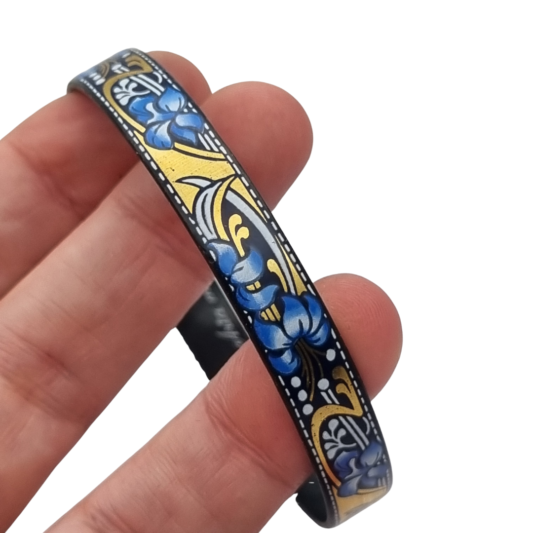 Brazalete vintage esmaltado Arta Austria con flores azules estilo Jugendstil, Circa 1980
