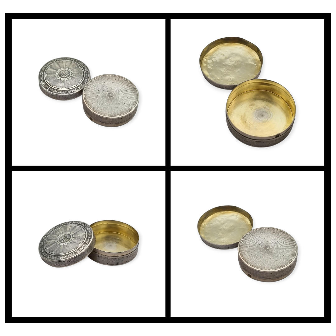 Antique round guilloche silver box with gilt interior, France, Neoclassical style, circa 1880
