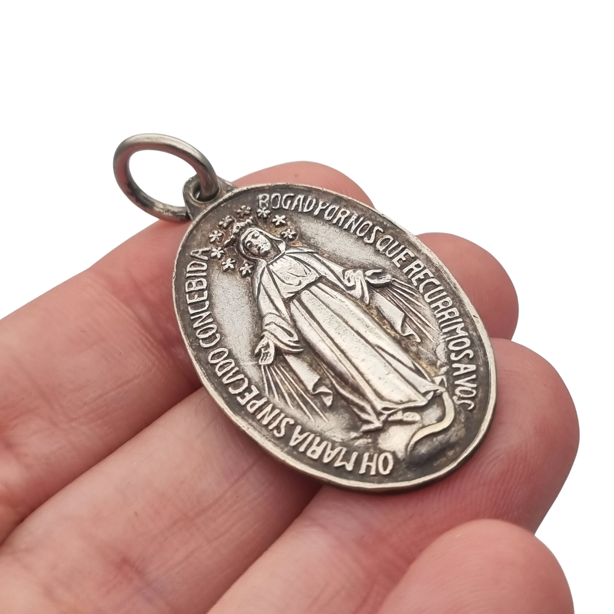 Medalla Milagrosa vintage de metal plateado, Virgen de la Medalla Milagrosa, circa 1950-1970