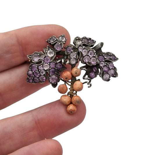 Antique gilded silver grape cluster brooch with amethysts, Victorian Naturalist c. 1885-1905