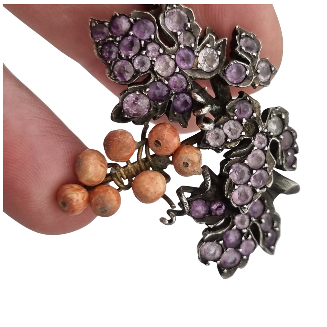 Antique gilded silver grape cluster brooch with amethysts, Victorian Naturalist c. 1885-1905