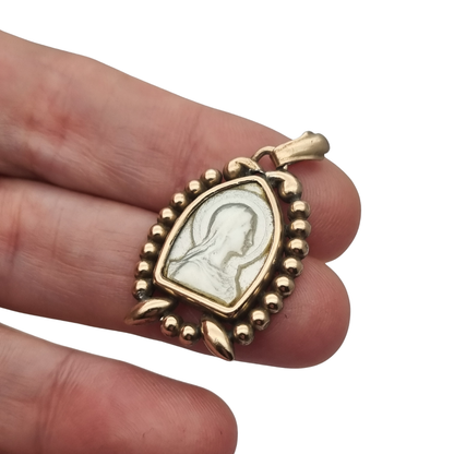 Art Deco Religious Silver and Gold Vermeil Pendant with Carved Mother-of-Pearl Virgin Mary circa 1940-1950