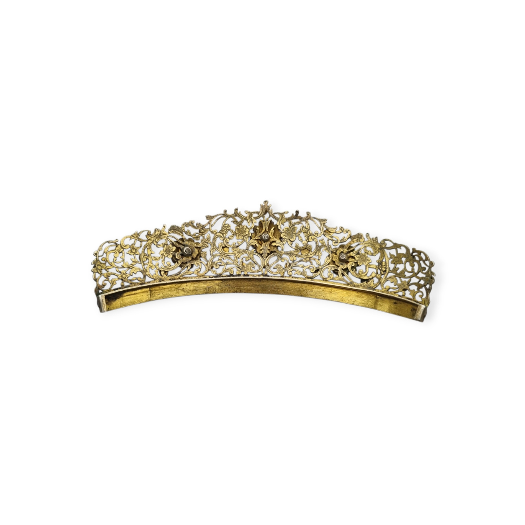 Austro-Hungarian Victorian tiara in gilded silver with turquoise, garnets, and moonstone, late Romantic, c. 1880–1900