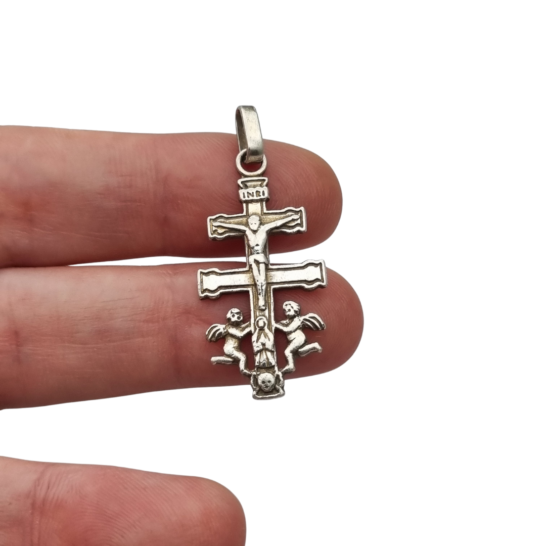 Caravaca cross pendant in 925 silver with a crucified Christ and angels, Spain, 1980s-90s
