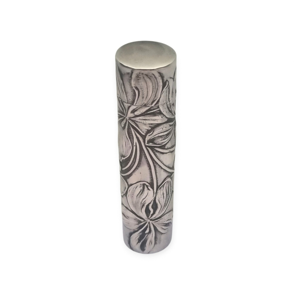 Perfumero Antiguo Art Nouveau de Plata con Decoración Floral en su Estuche, circa 1900