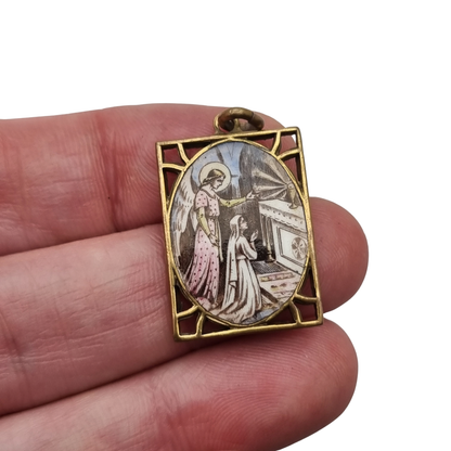Medalla religiosa antigua esmaltada con Ángel de la Guarda, estilo Art Déco, circa 1920-1930