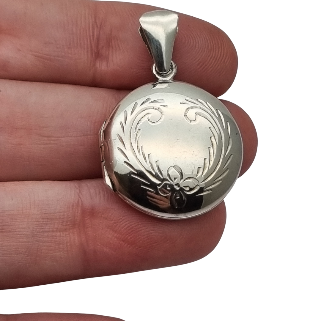 925 Sterling Silver Locket Pendant, Spain, Oval Floral Medallion, Circa 1980-90