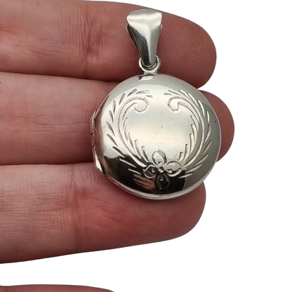 925 Sterling Silver Locket Pendant, Spain, Oval Floral Medallion, Circa 1980-90