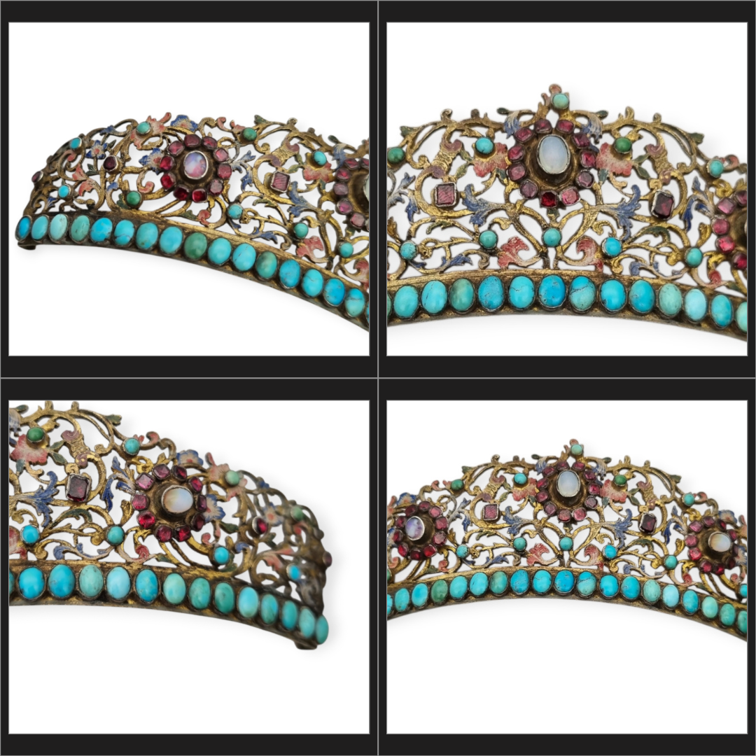 Austro-Hungarian Victorian tiara in gilded silver with turquoise, garnets, and moonstone, late Romantic, c. 1880–1900