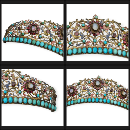Austro-Hungarian Victorian tiara in gilded silver with turquoise, garnets, and moonstone, late Romantic, c. 1880–1900