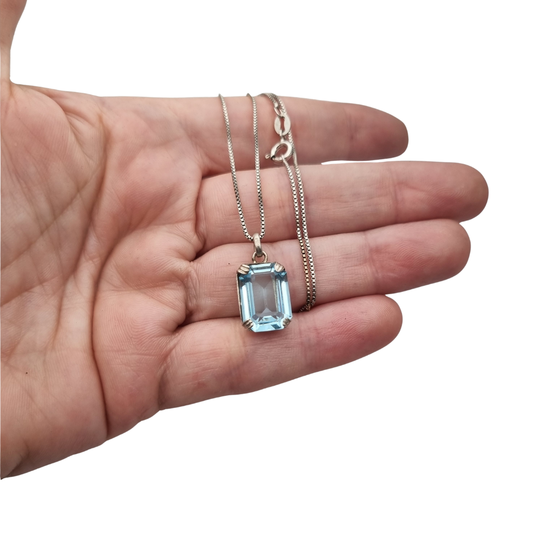 Art Deco sterling silver necklace with rectangular faceted blue stone pendant, Circa 1980s-90s