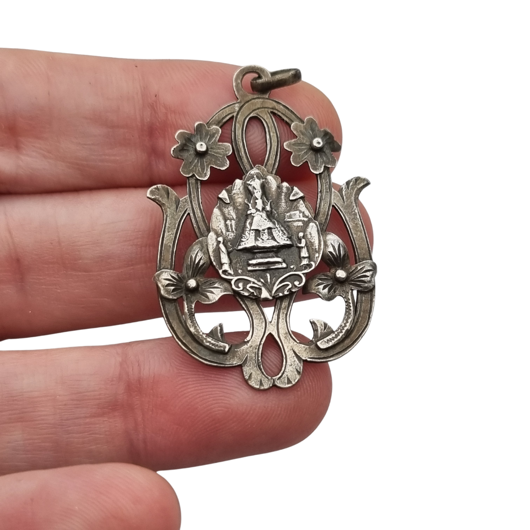 Art Nouveau silver pendant, Our Lady of Montserrat, La Moreneta, religious jewelry, 1920