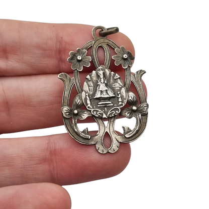 Art Nouveau silver pendant, Our Lady of Montserrat, La Moreneta, religious jewelry, 1920