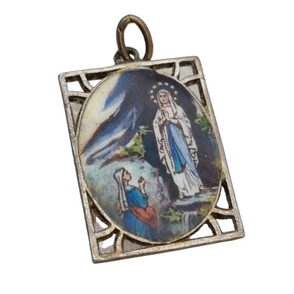 Colgante Virgen Religiosa esmalte azul medalla rectangular regalo