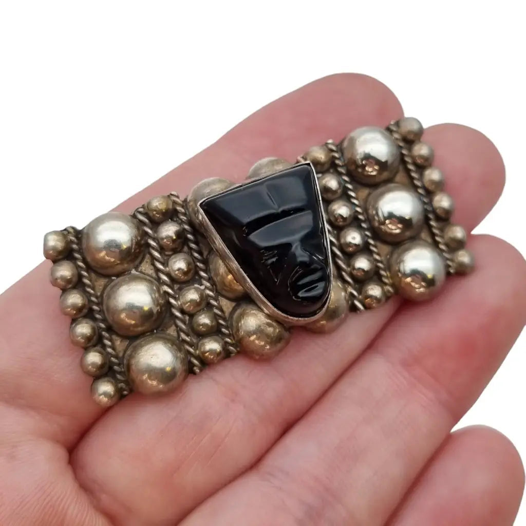 Vintage Made in Mexico broche con cara tallada en obsidiana Plata 925 Azteca