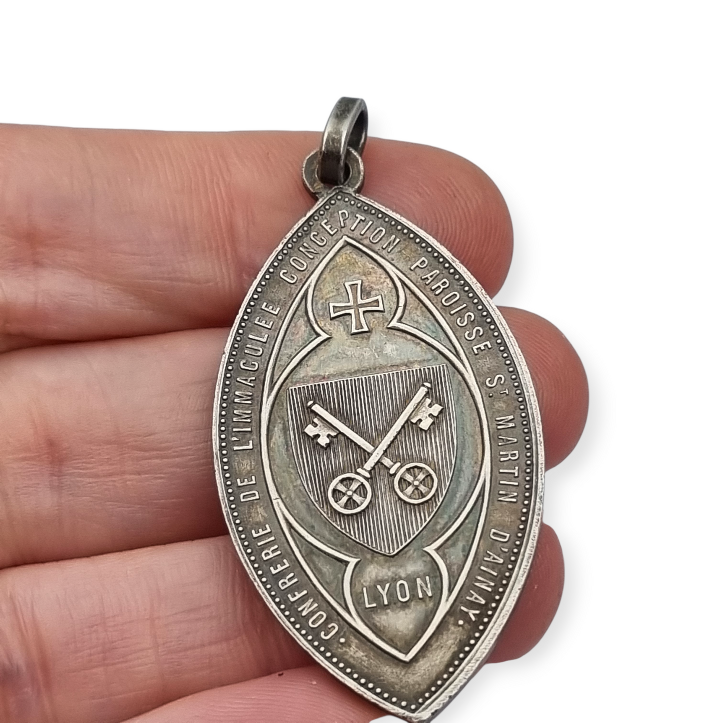Antique religious medal in silver, Immaculate Virgin, Lyon circa 190
