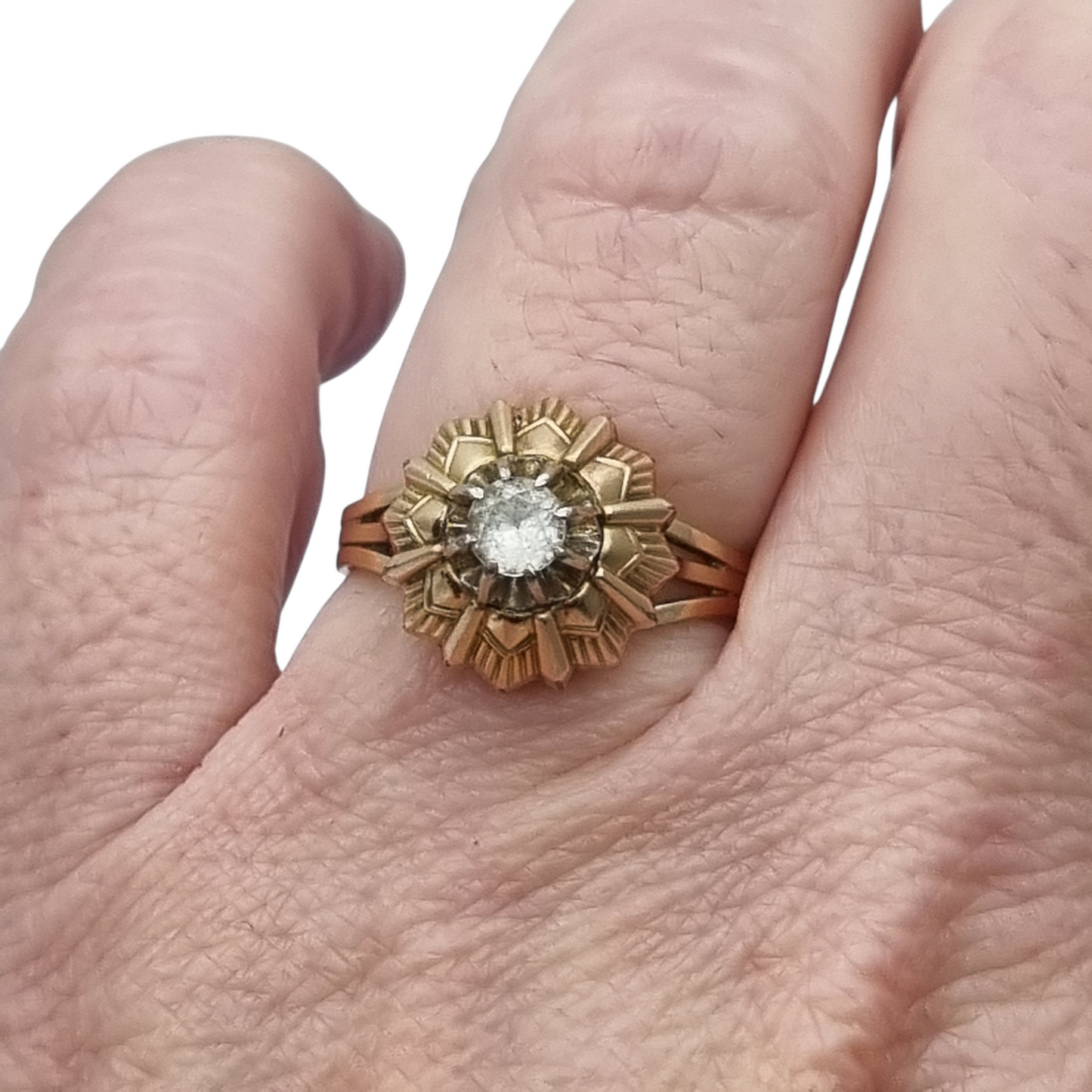 Anillo Art Decó francés oro laminado FIX circa 1930s con diseño floral