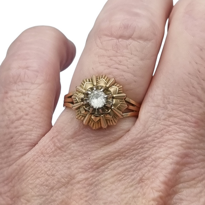 Anillo Art Decó francés oro laminado FIX circa 1930s con diseño floral
