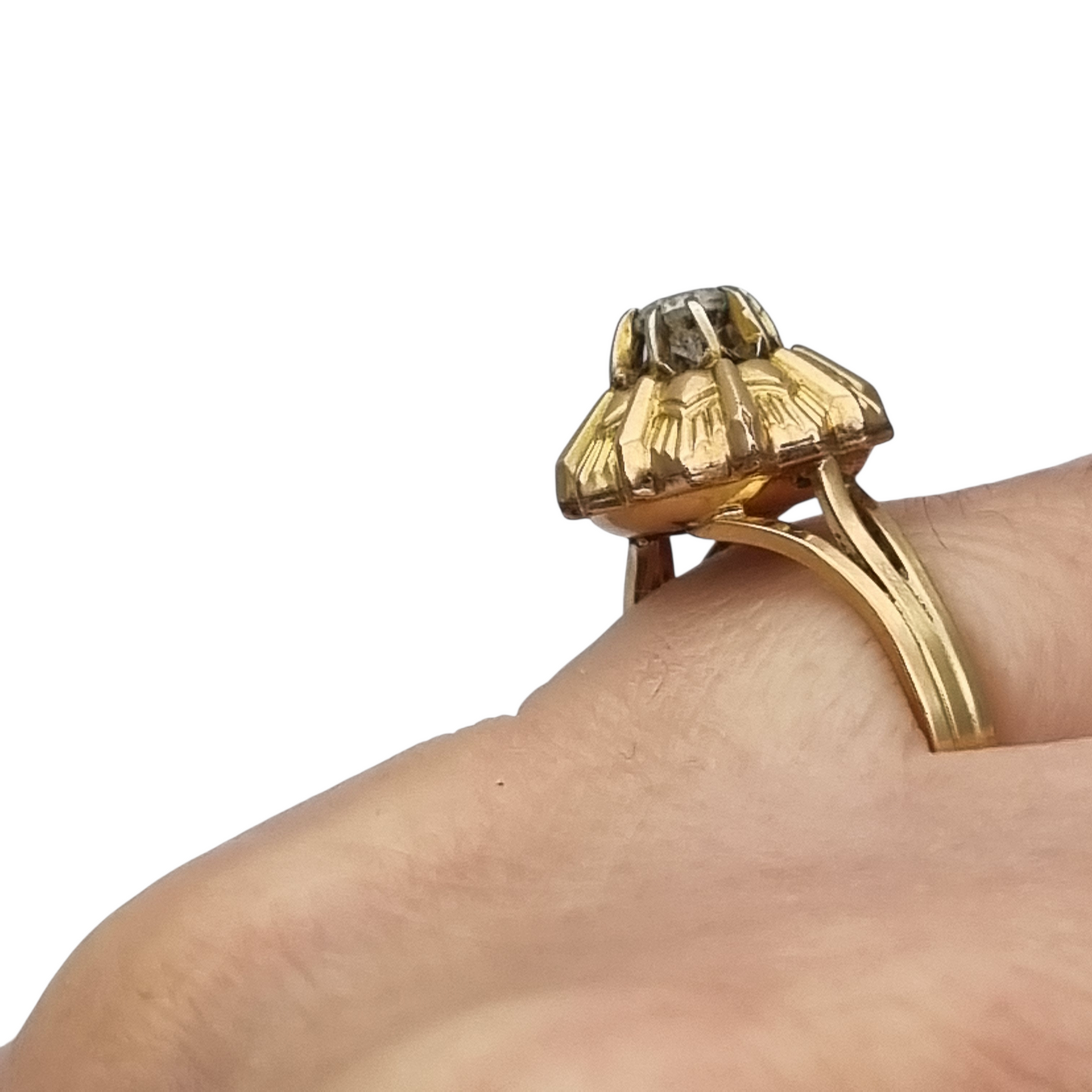 Anillo Art Decó francés oro laminado FIX circa 1930s con diseño floral