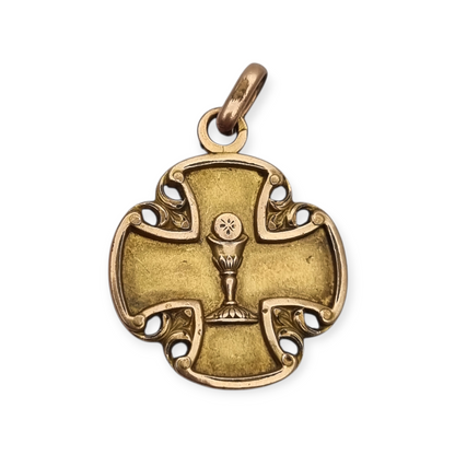 Antique religious medal in openwork gilt cross with chalice, circa 1920