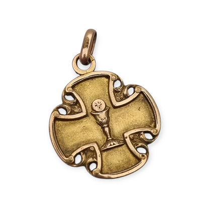 Antique religious medal in openwork gilt cross with chalice, circa 1920