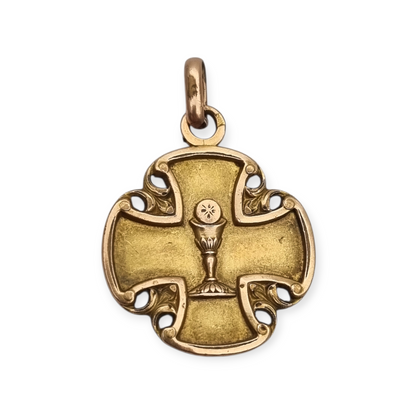 Antique religious medal in openwork gilt cross with chalice, circa 1920