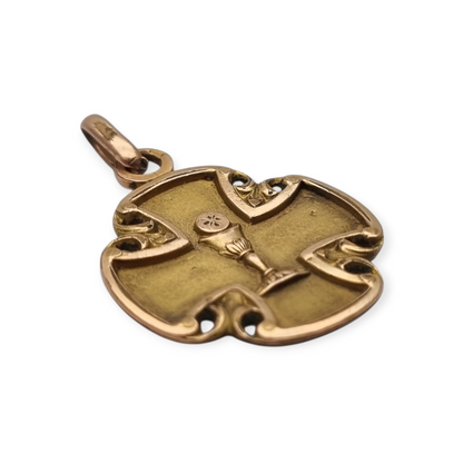 Antique religious medal in openwork gilt cross with chalice, circa 1920