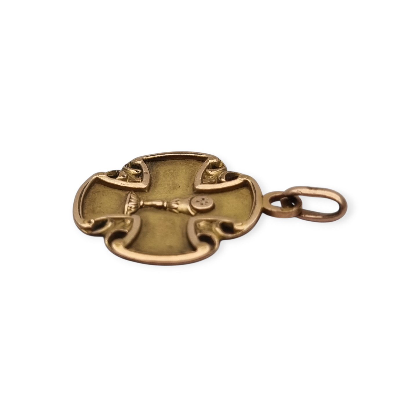 Antique religious medal in openwork gilt cross with chalice, circa 1920