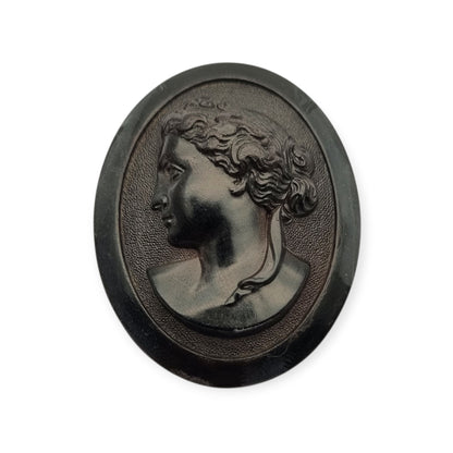 Victorian vulcanite mourning brooch with classic cameo, circa 1890