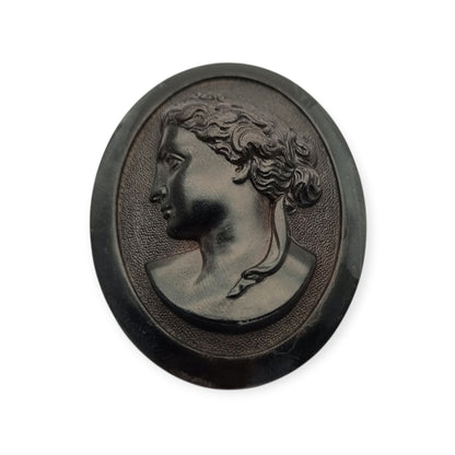 Victorian vulcanite mourning brooch with classic cameo, circa 1890