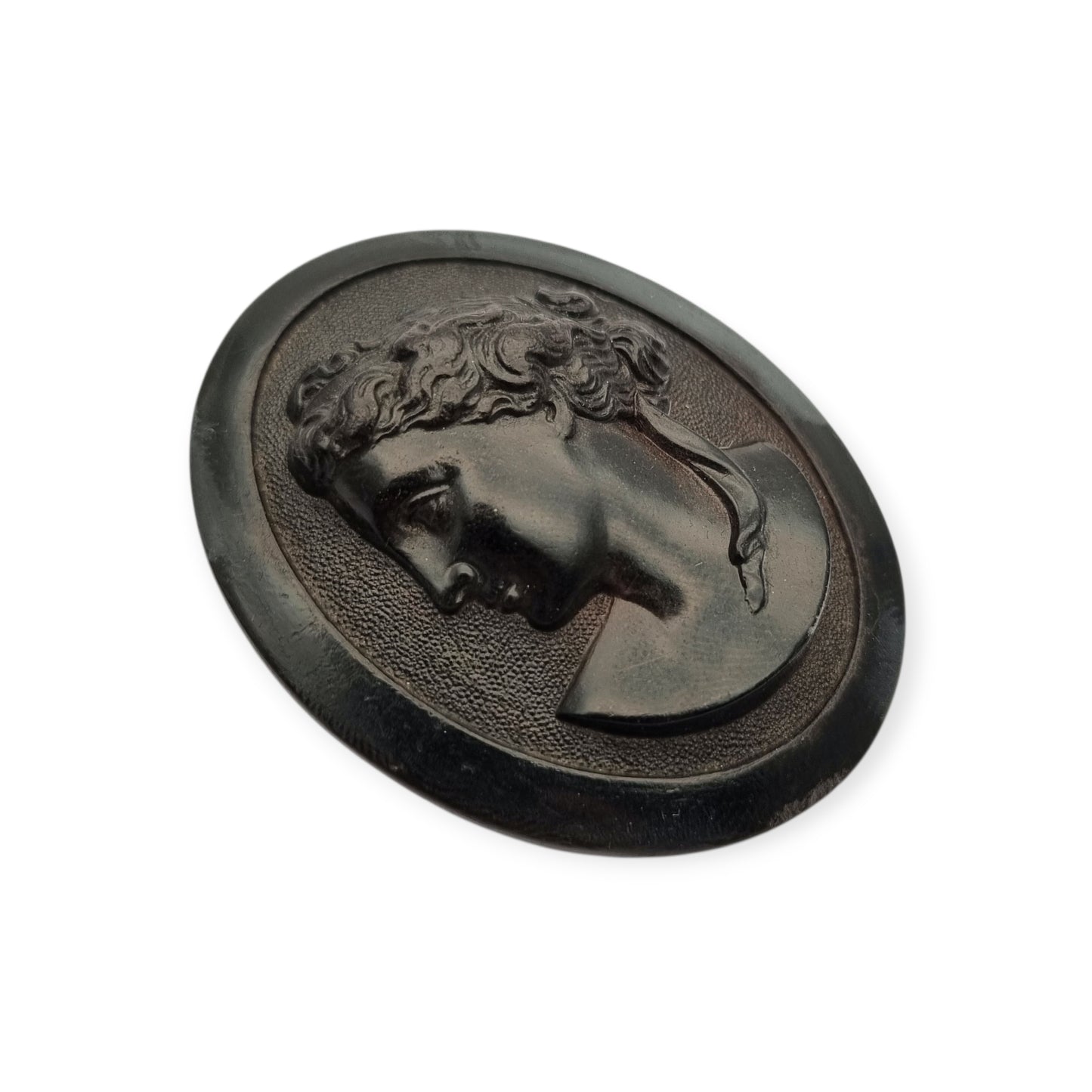 Victorian vulcanite mourning brooch with classic cameo, circa 1890