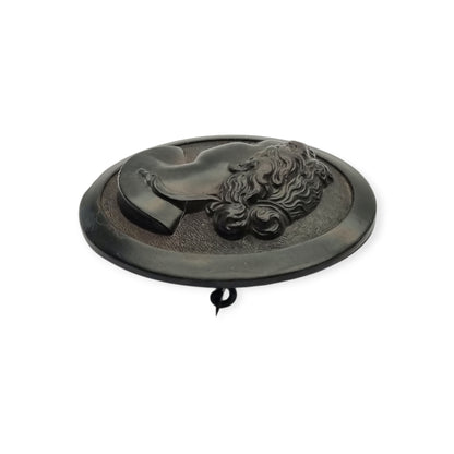 Victorian vulcanite mourning brooch with classic cameo, circa 1890