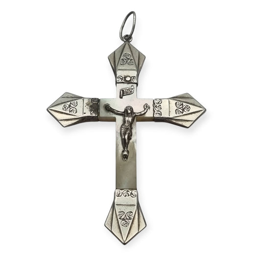 French Art Deco cross in mother-of-pearl and engraved silver circa 1920