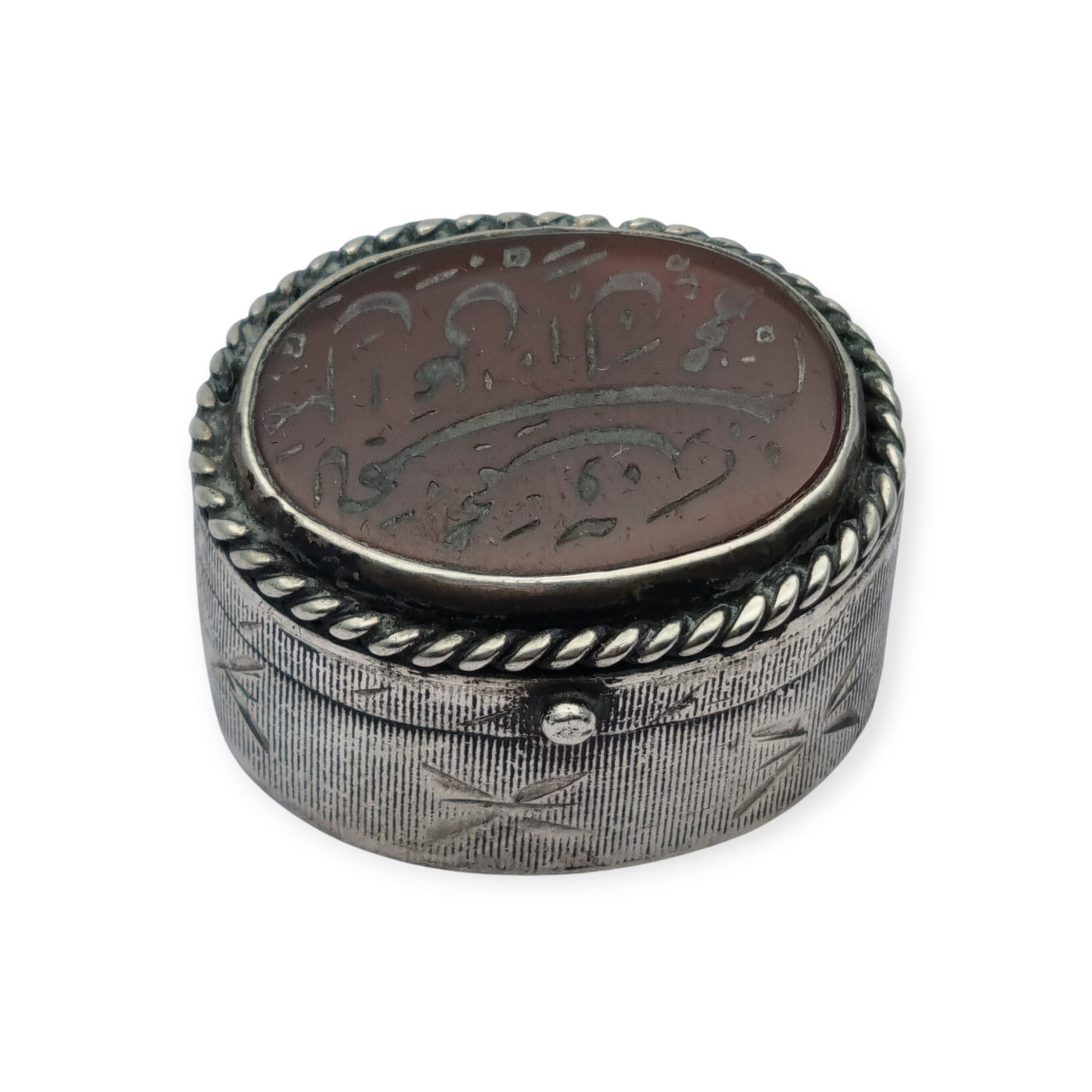 Caja antigua de plata 925 con tapa de cornalina grabada y caligrafía oriental