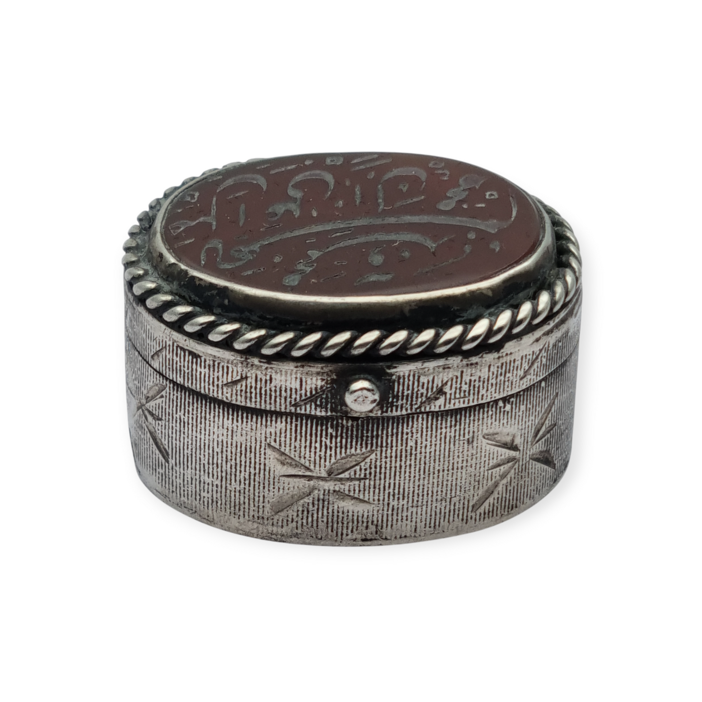 Caja antigua de plata 925 con tapa de cornalina grabada y caligrafía oriental