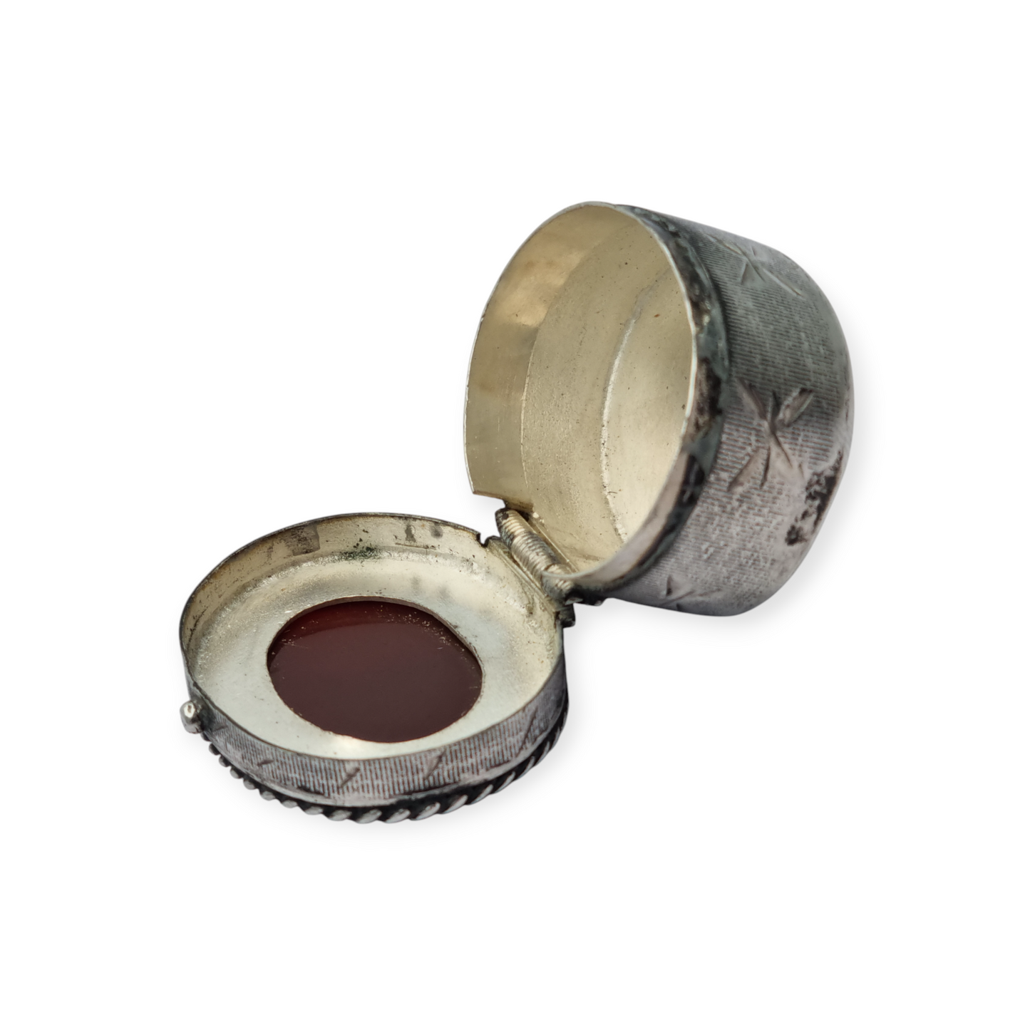 Caja antigua de plata 925 con tapa de cornalina grabada y caligrafía oriental