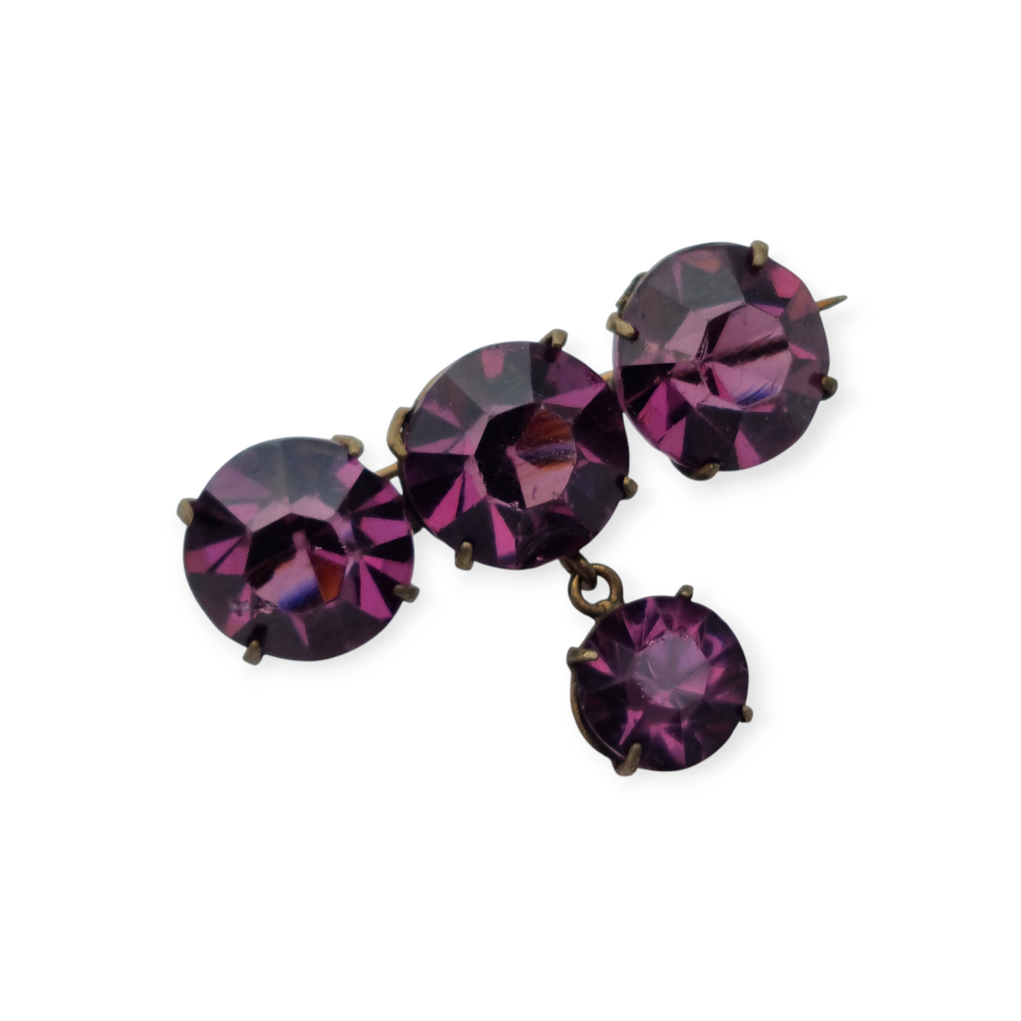 Broche antiguo en latón con strass morado facetado colgante, circa 1930