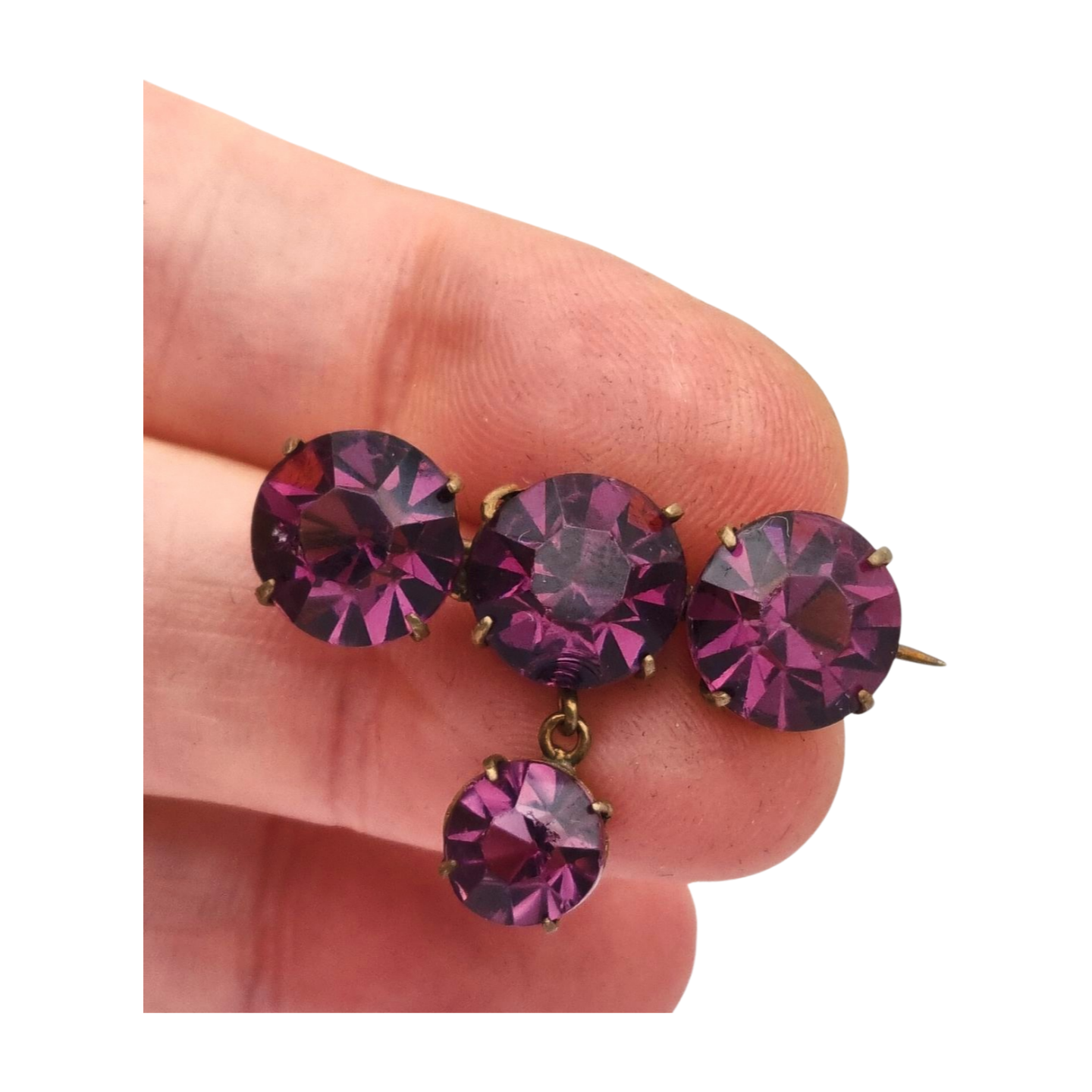 Broche antiguo en latón con strass morado facetado colgante, circa 1930
