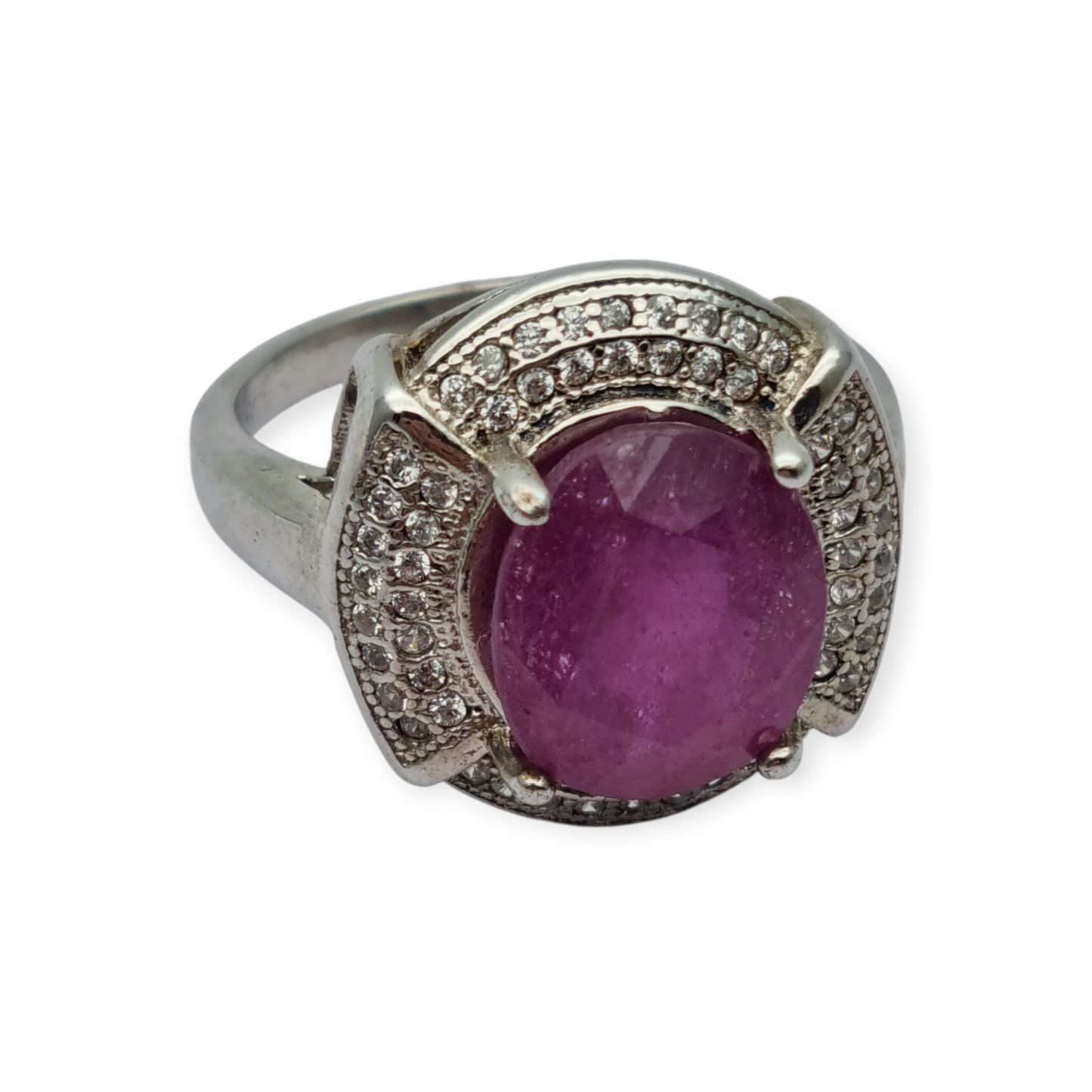 Art Deco style ring in silver with oval ruby and cubic zirconia, circa 1980