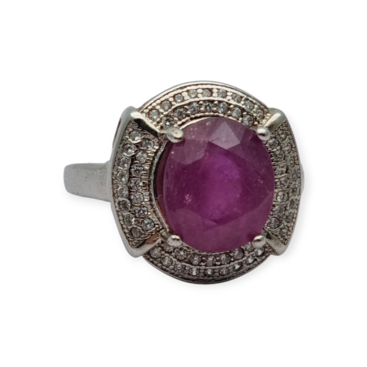 Art Deco style ring in silver with oval ruby and cubic zirconia, circa 1980