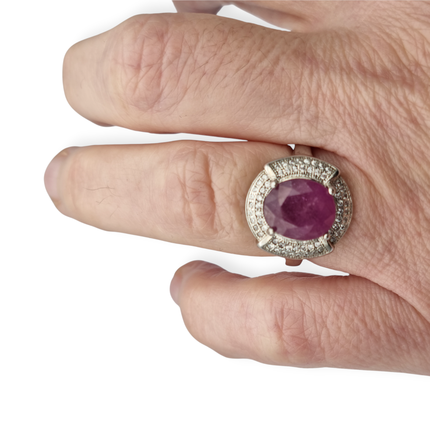 Art Deco style ring in silver with oval ruby and cubic zirconia, circa 1980