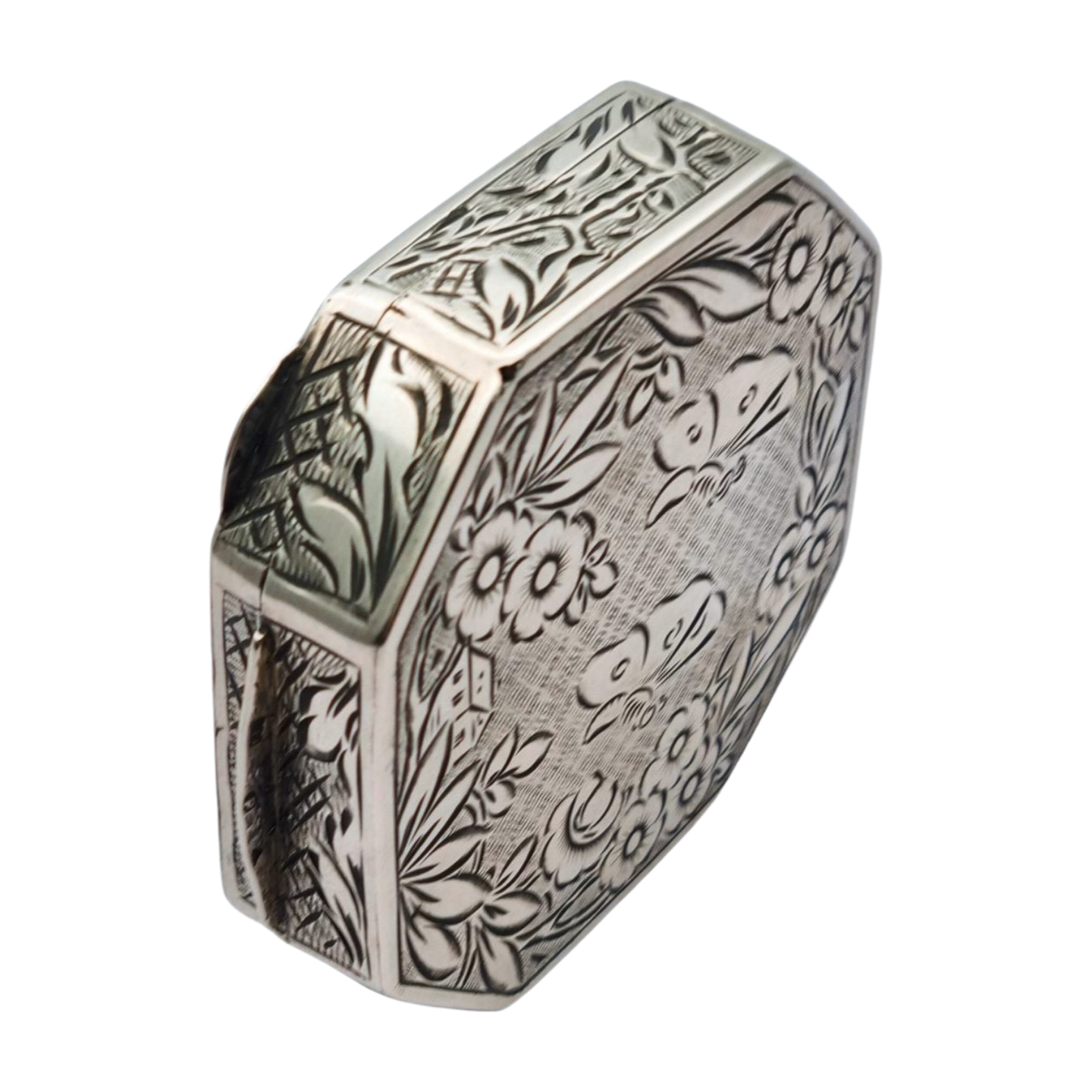 Polvera antigua octogonal en plata 800 grabada con mariposas y flores, circa 1950