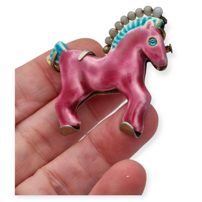 Horse brooch in glazed ceramic, Made in France